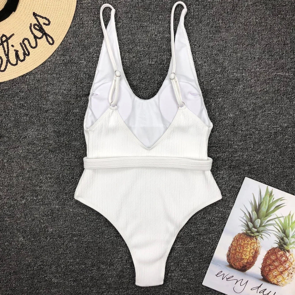 V Neck Ribbed High Cut Women Swimwear One Piece Swimsuit Female Backless Monokini with Waist Belt Bathing Suit Swim Beachwear