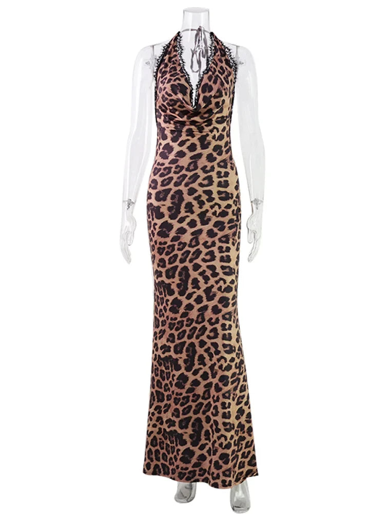 Ahagaga Sexy Women's Maxi Dresses Leopard Halter Backless Bodycon Slim Fit Deep V-Neck Bandage Print Party Eelgant Vestidos