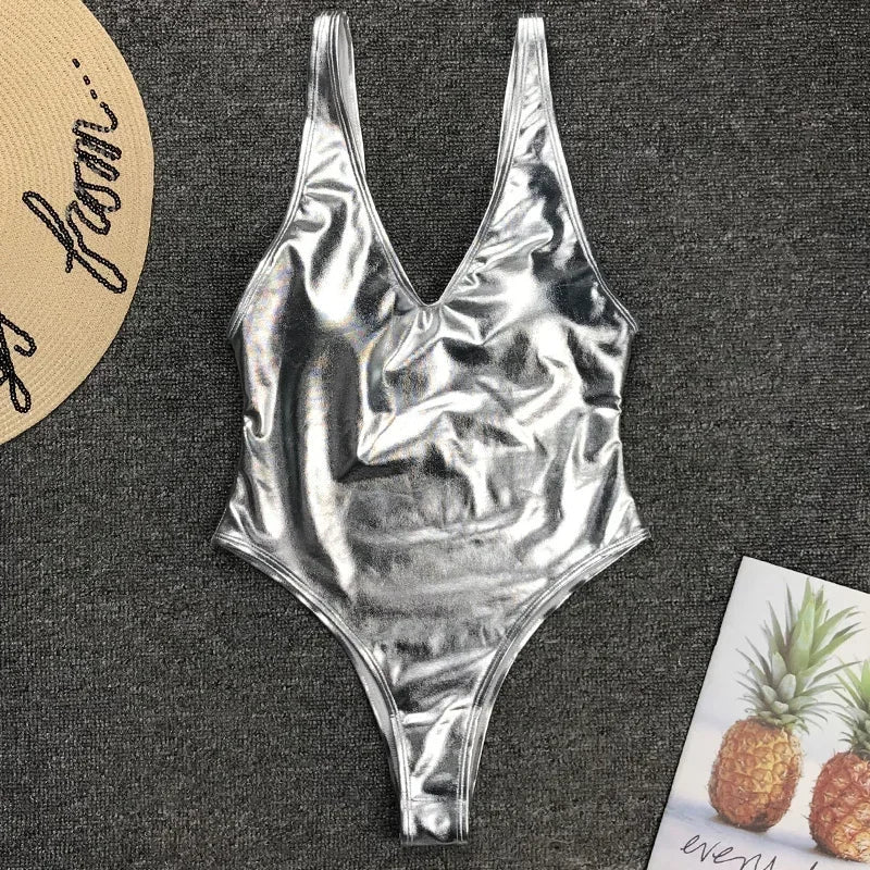 Shiny PU Faux Leather Women Swimwear One Piece Swimsuit Female Monokini High Cut Bikini Set Bathing Suit Swim Beachwear Bodysuit