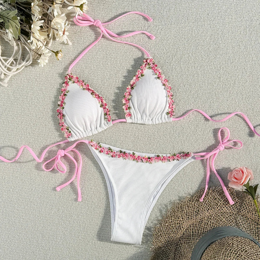 Sexy 3D Floral Bikini Set 2025 Women White Pink Contrast Push Up Bra Tie Side Thong Swimsuit Beach Bathing Suit Micro Swimwear