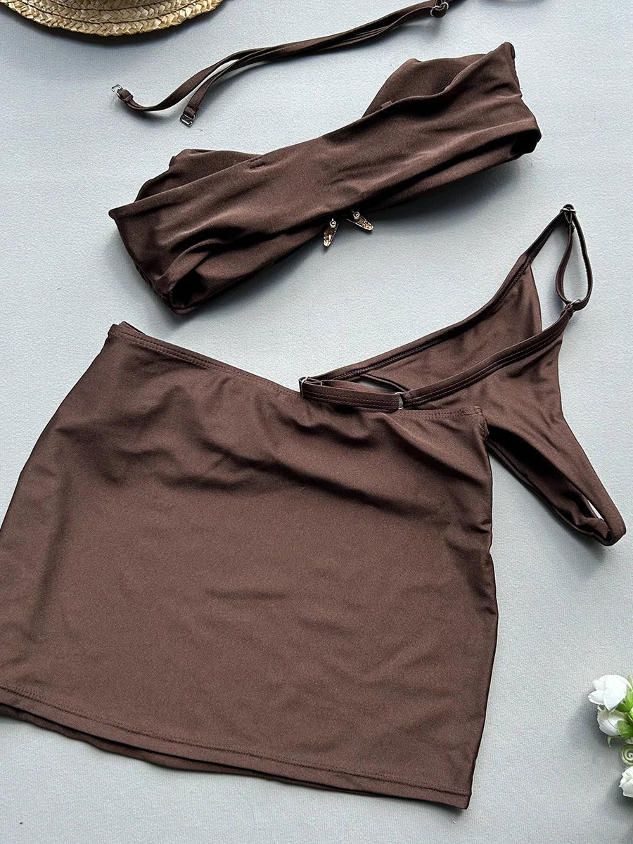 3 Pieces Starfish Thong Bikinis 2026 Solid Swimwear Female Sexy Solid Swimsuit Women & Beach Skirt Bathing Swimming Swim Suit