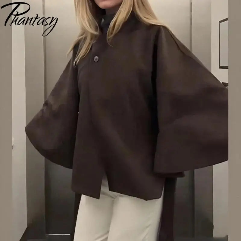 Phantasy Elegant Grey Lace Up Woolen Coats Women Stand Collar Full Sleeve Jackets Autumn Winter Outerwear Female Tops 2025