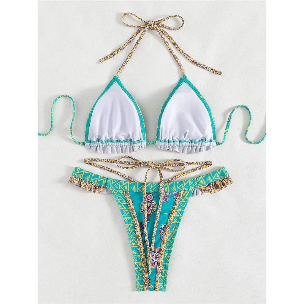 5 Colors Sexy Printed Halter Frilled Bikini Women Swimwear Female Swimsuit Two-Pieces Bikini Set Bather Bathing Suit Swim V4651
