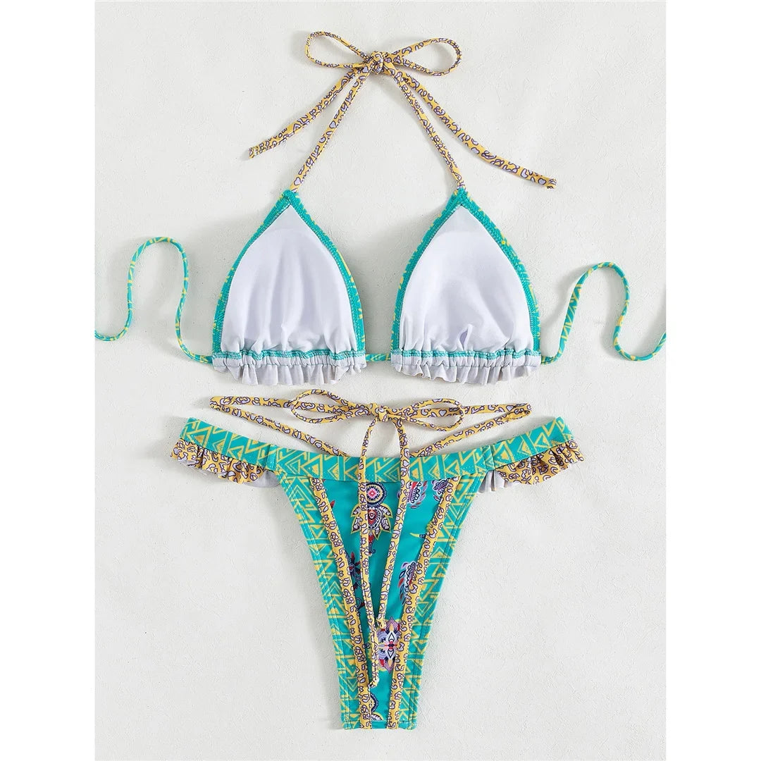 5 Colors Sexy Printed Halter Frilled Bikini Women Swimwear Female Swimsuit Two-Pieces Bikini Set Bather Bathing Suit Swim V4651