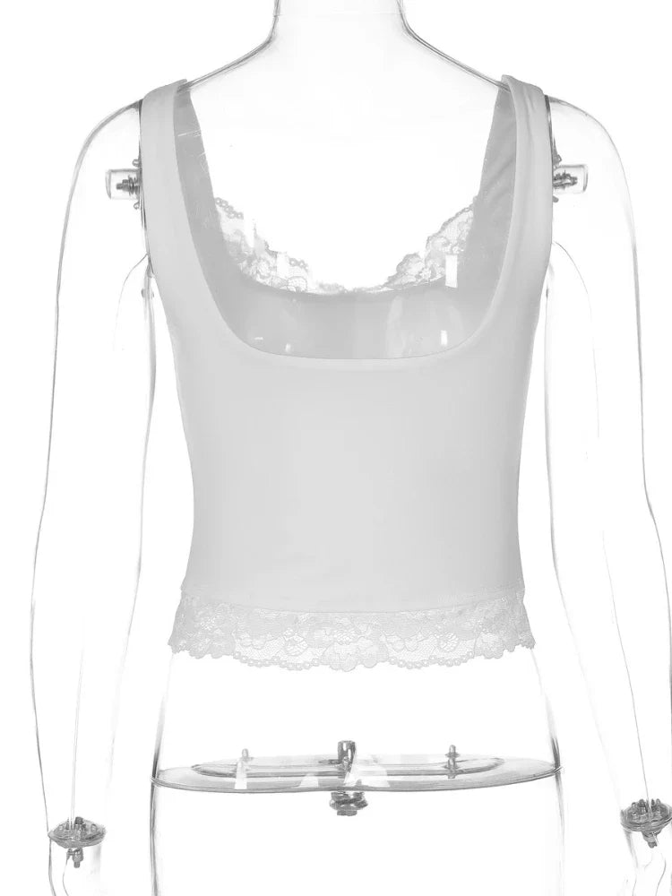 FDYOUI Sexy Lace Patchwork Tank Tops for Women Fashion Sleeveless Backless Cropped T-shirt Black White Y2K Skinny Corset Top