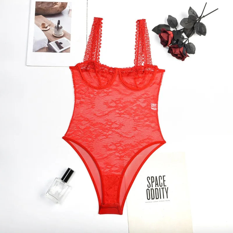 Toucheart Sexy Mesh Patchwork Embroidery Jumpsuit For Women Lace Sling Underwear Solid Color Sexy See-Through Backless Jumpsuit