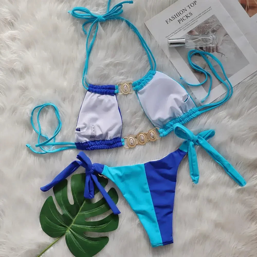 Splicing Halter Jewelled Diamond Bikini 2025 Women Swimsuit Female Swimwear Two Pieces Bikini Set Hollow Out Bathing Suit Swim