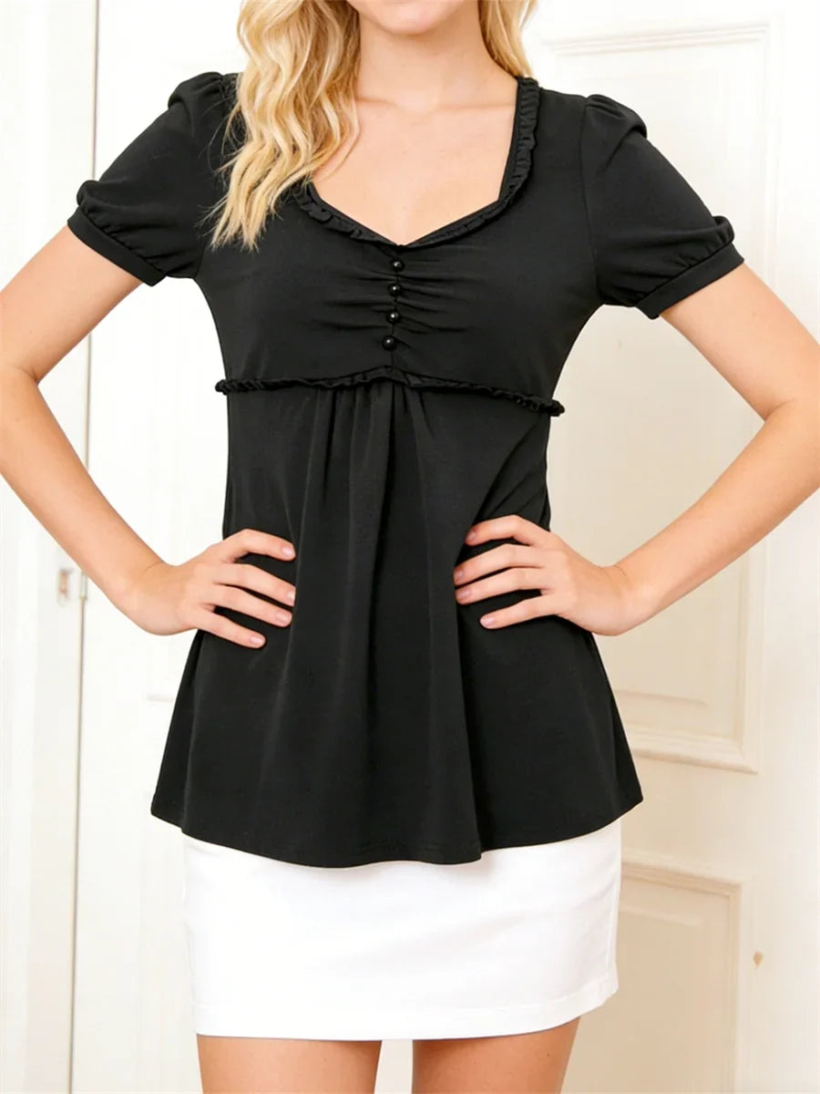 Summer Women´s Y2k T-shirt Short Sleeve V Neck Ruched Babydoll Tops Casual Loose Shirts Retro Clothes