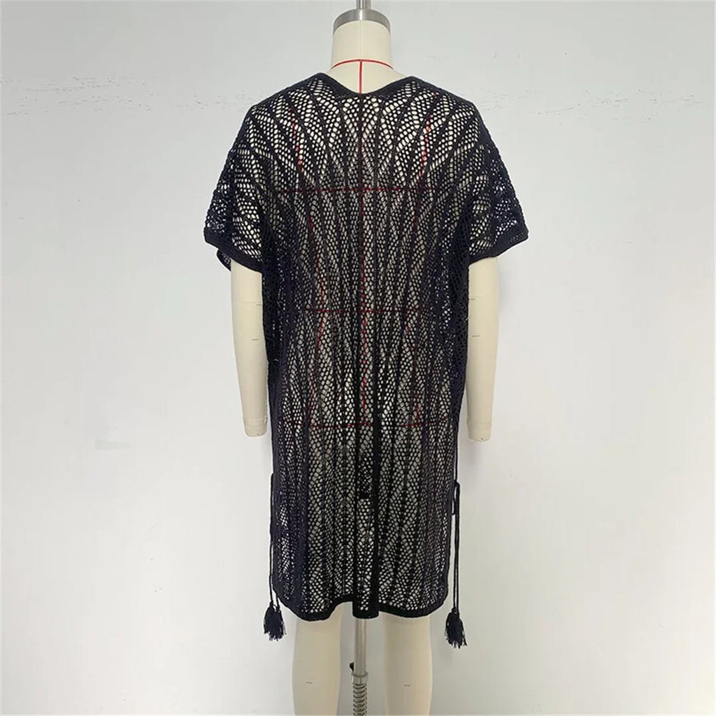 Sexy Short Sleeve Hollow Out Crochet Knitted Tunic Beach Cover Up Cover-ups Beach Dress Beach Wear Beachwear Female Women K6686