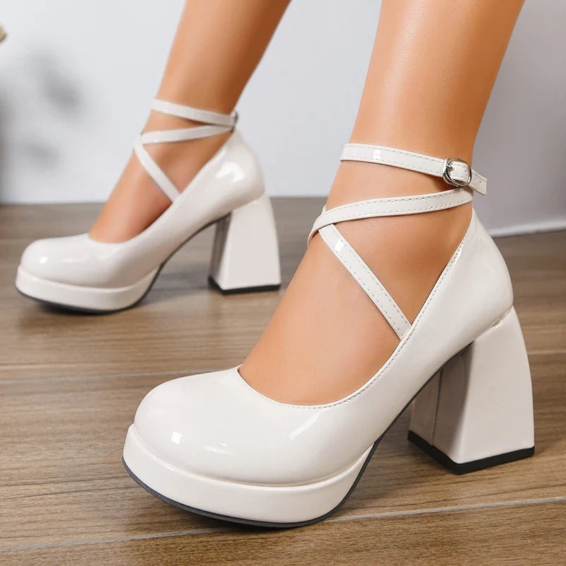 Fashion Ankle Wrap Thick High Heels Pumps Women Elegant Round Toe Platform Mary Jane Shoes Woman Patent Leather Pumps Ladies