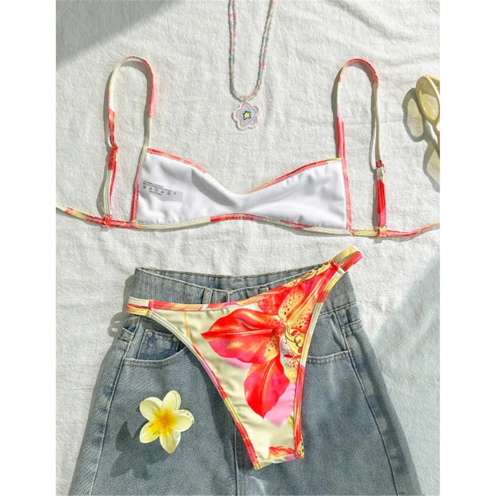 S - XL Flower Printed Bikini Female Swimsuit Women Swimwear Two-Pieces Bikini Set High Leg Cut Bather Bathing Suit Swim V7800
