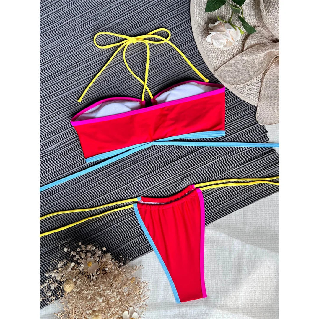 Splicing Wrap Around Bandage Halter Bikini Female Swimsuit Women Swimwear Two-Pieces Bikini Set Bather Bathing Suit Swim V3882