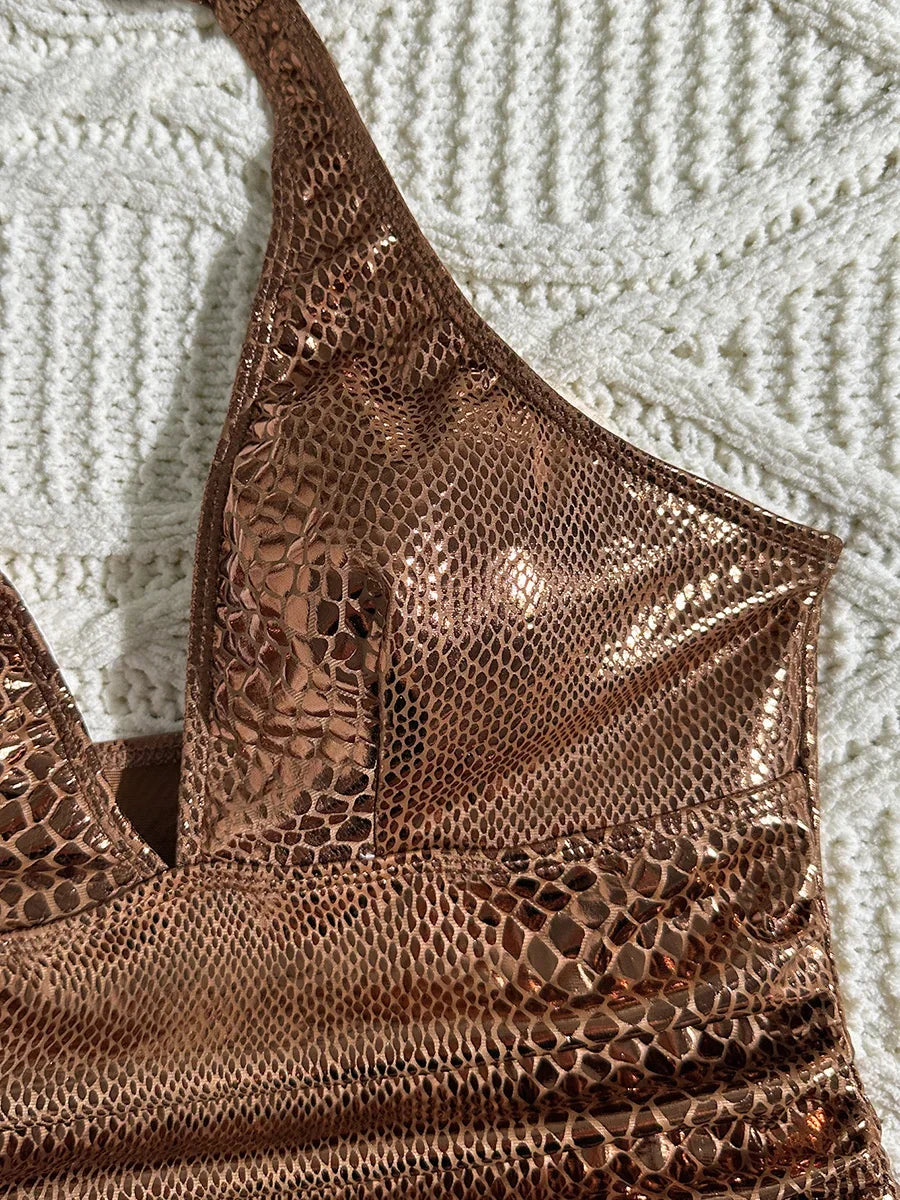 SnakeSkin Halter V Neck Backless One Piece Swimsuit Women Monokini Female Swimwear High Cut Bathing Suit Swim Bodysuit Beachwear
