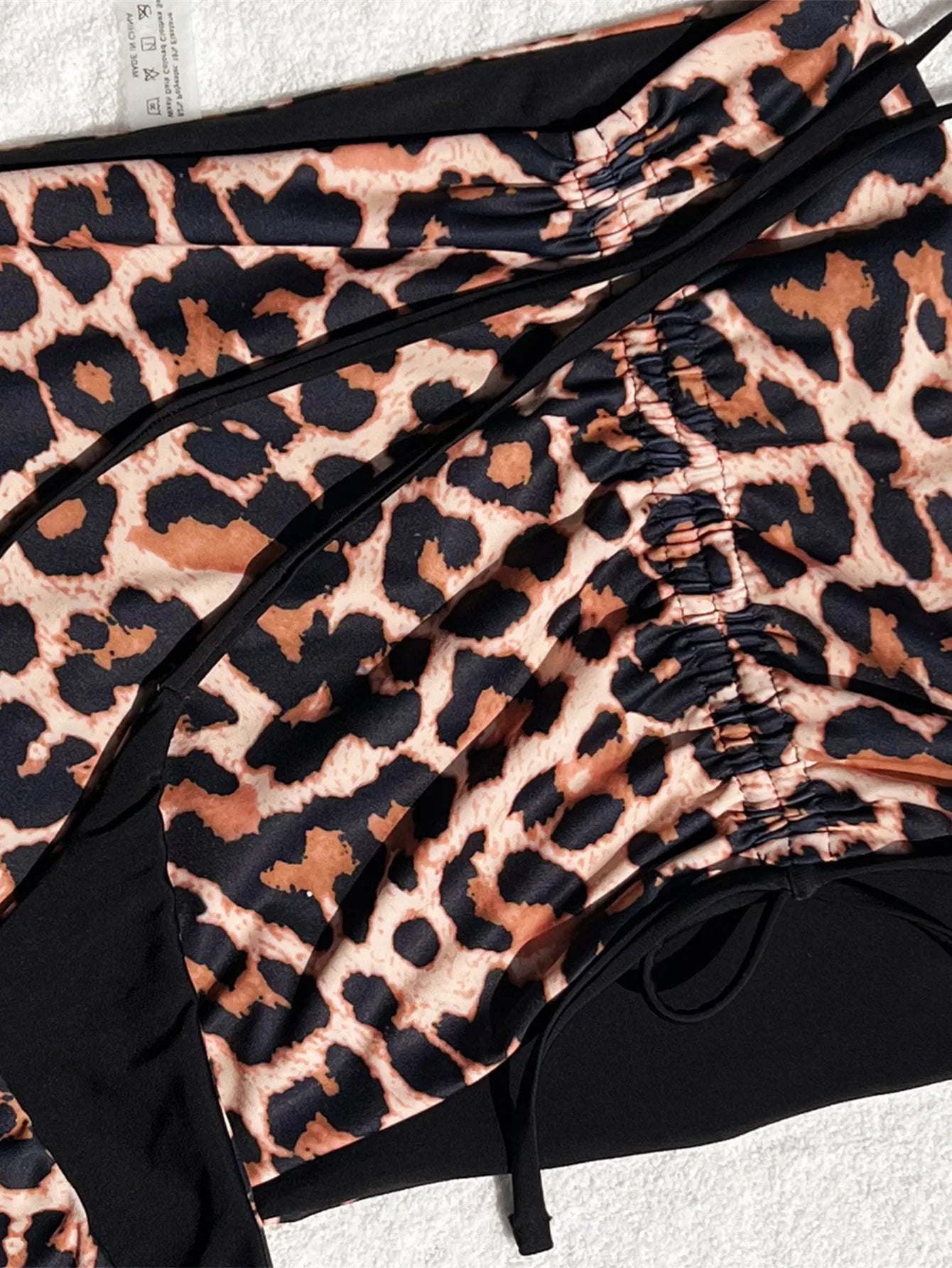 2026 Summer Leopard Print 3 Pieces Suit Swimwear Reversible Sexy Halter Lace-up Bikini Set Drawstring Skirt Cover Up Beachwear