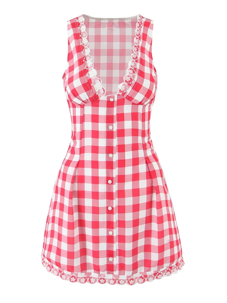 Foridol Plaid Printed Red Women's Dresses White Cotton V Neck Short Party Summer Dress New in Vintage Beach Mini Dress