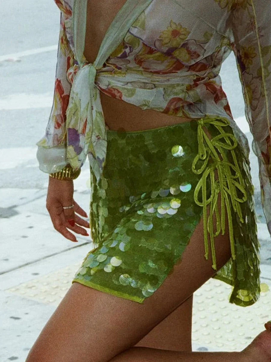 Women's Summer Solid Color Mini Sequins Skirts High Waist Side Split Tie Up Skirt for Daily, Travel, Parties