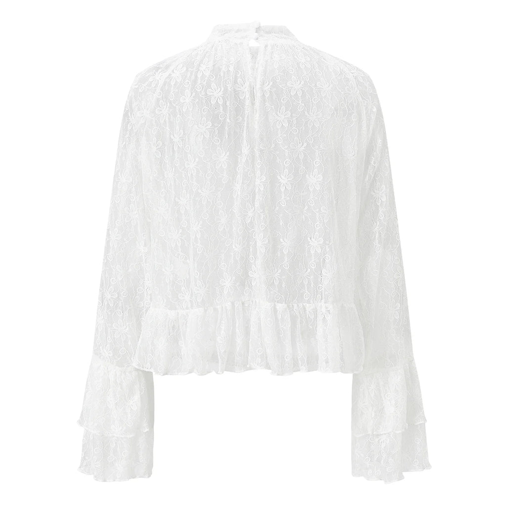 Womens Lace Floral Sheer Blouse Flare Long Sleeve Mock Neck Ruffle Peplum Hem Cropped Shirts Elegant Sexy Cover-ups Tops