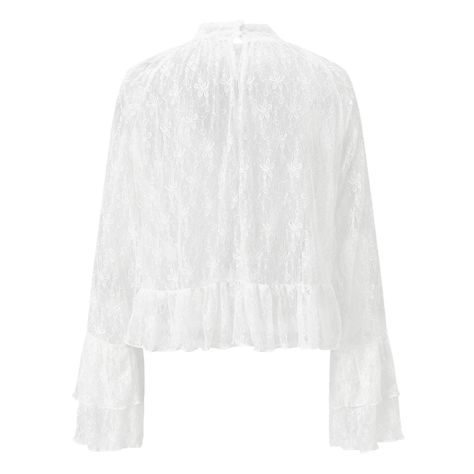 Womens Lace Floral Sheer Blouse Flare Long Sleeve Mock Neck Ruffle Peplum Hem Cropped Shirts Elegant Sexy Cover-ups Tops