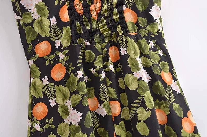 French Style Vintage Lemon Leaf Printed Green Dress Sexy Slip Midi Sleeveless Tank Dress Chiffon Women Holiday Elegant Dress