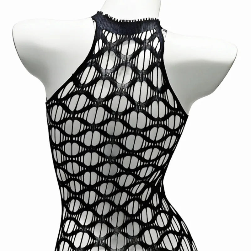 Sexy Mesh Halter Neck Hollow Out Open Crotch Dress With Exposed Chest And Sheer For Women Off-the-shoulder Mini Dress Charm RCIJ