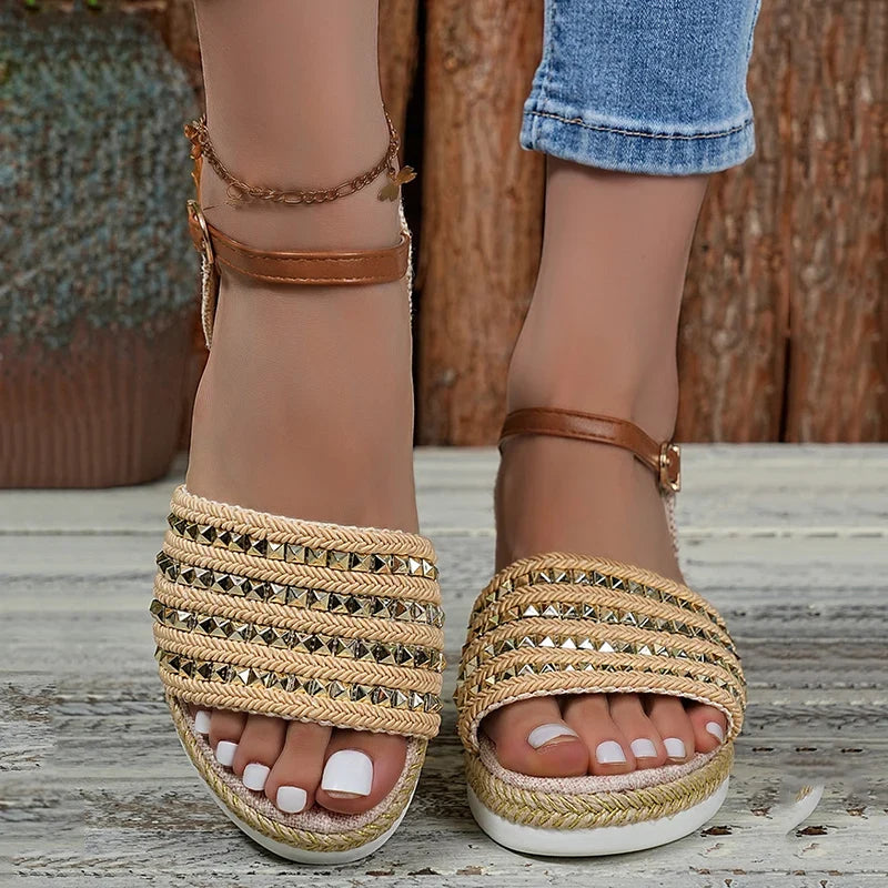 Gold Rivets Decor Wedges Sandals Women Summer Lightweight Platform Sandles Woman Plus Size 43 Ankel Buckle Rome Sandalias Mujer
