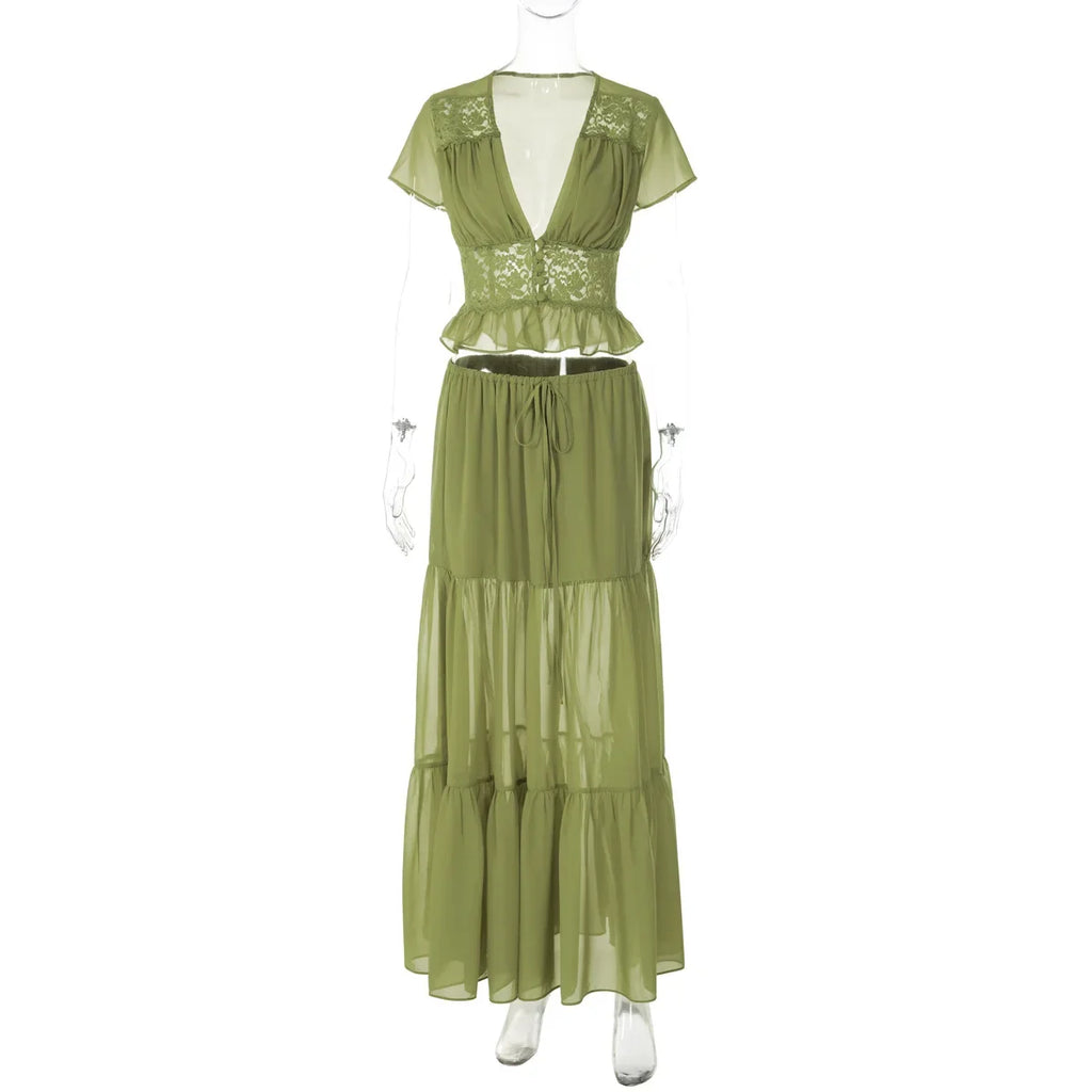 FDYOUI Sexy V-neck Lace Patchwork T-shirt Tops+Long Skirt 2 Piece Set Women's Summer Green Holiday Party Dress Suit Streetwear