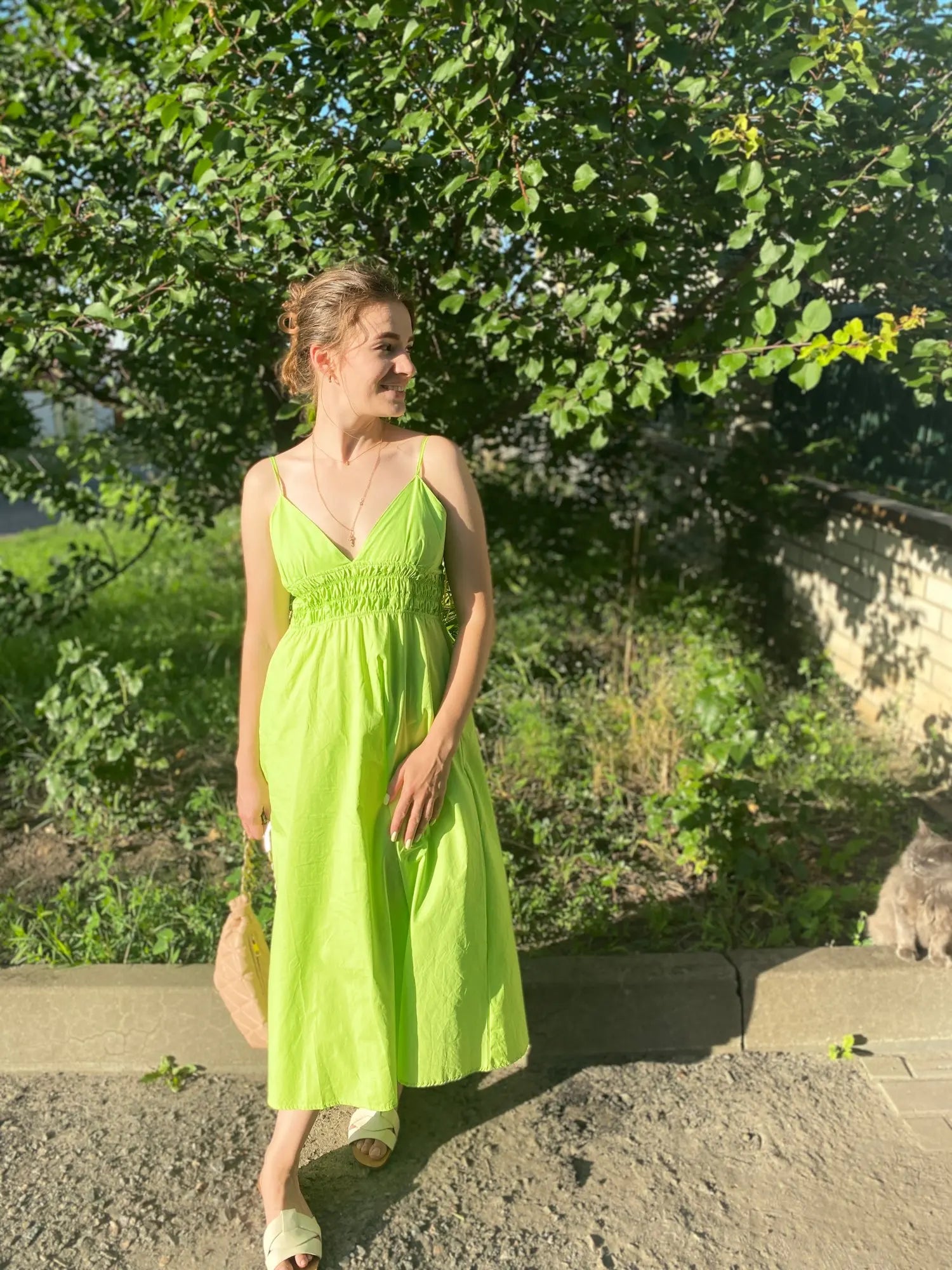 Foridol Elastic Smocking Green Cotton V Neck Summer Women's Dress Sleevless Long Green Maxi Casual Strapy Dress Solid Female