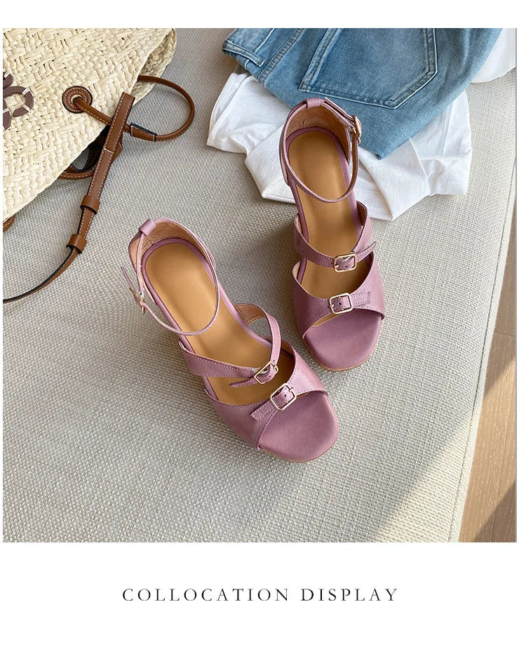 Women’s Sandals Cowhide Shoes Thick Platform Heel Sandals Elegant Lady Summer Apricot High Heel Peep Toe Buckle Sandals