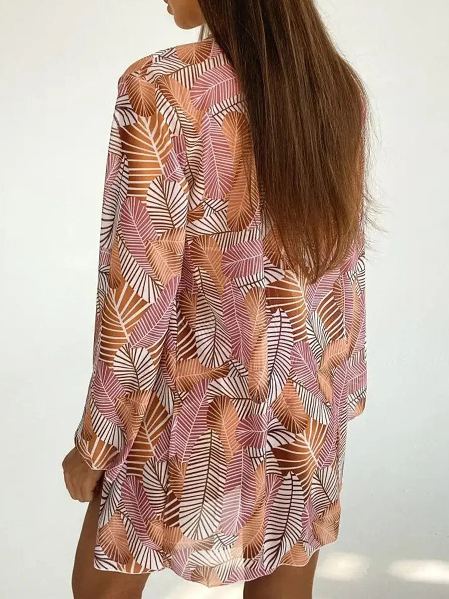 With Cover Up Leaves Printed Bikini Women Swimwear Female Swimsuit Three-pieces Bikini Set Bather Bathing Suit Swim Beachwear
