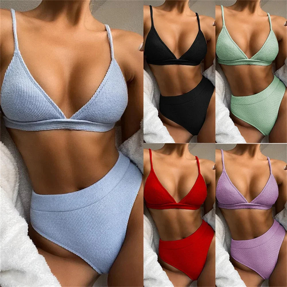 5 Colors Sexy Bikini Women Solid High Waist Swimwear Swimsuit Bikinis Set Ribbed Bathing Suit Female Maillot De Bain Femme 2026