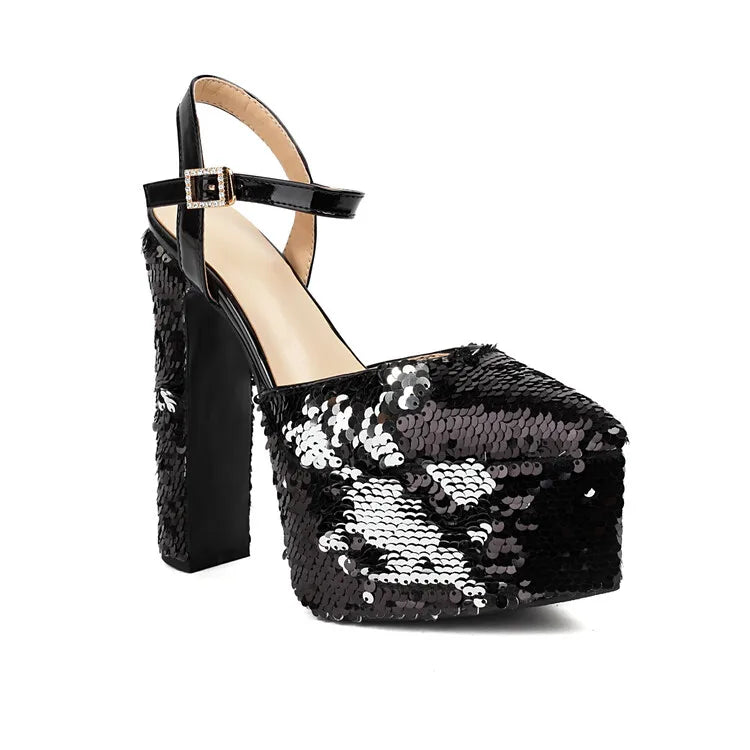 Women Platform Pointed Sandals 15.5CM/6Inch Summer Model Show Sequin Heels Europe and America Nightclub Party Large Size Shoes