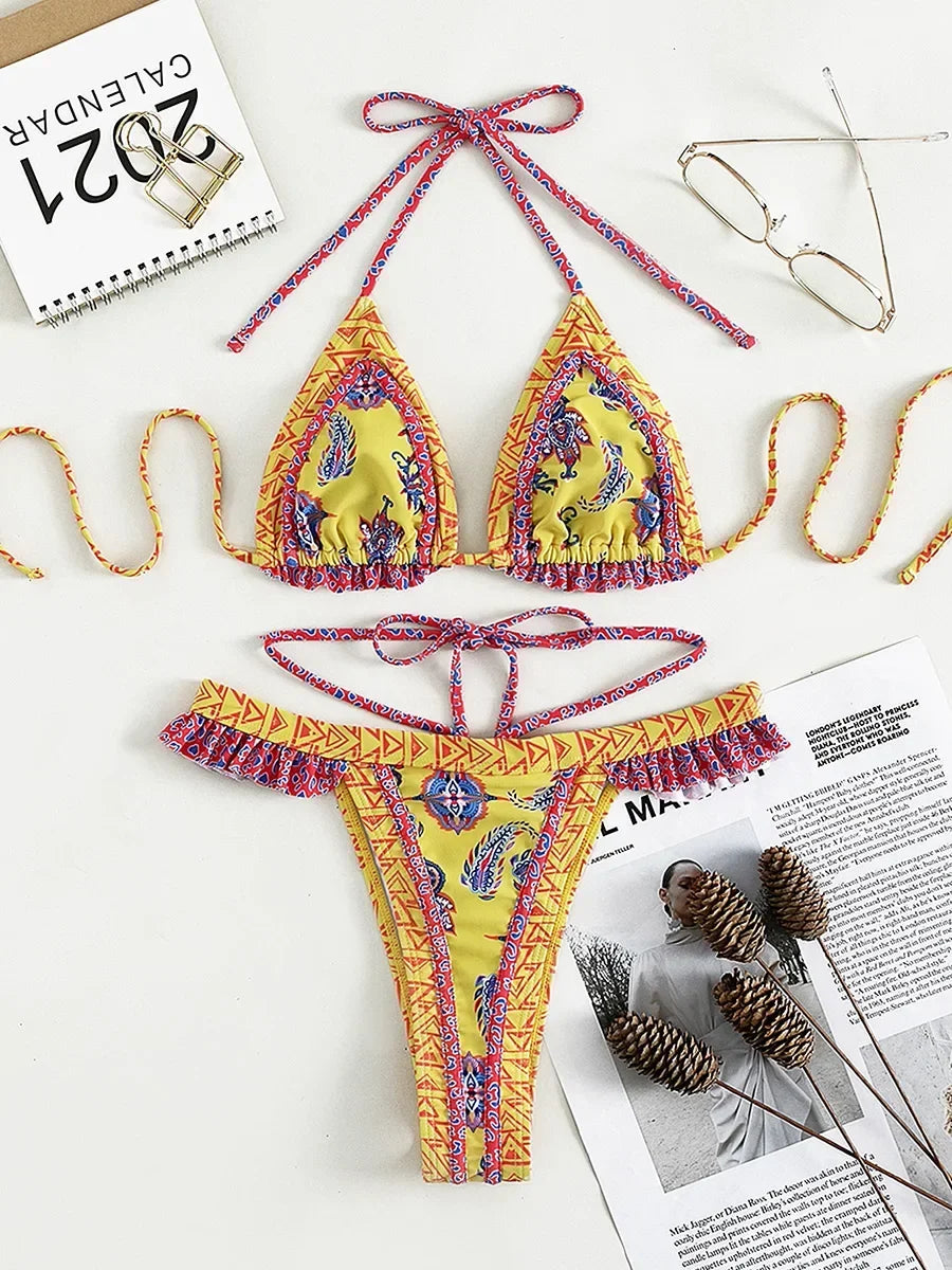 Floral Printed Halter Ruffled Frilled Bikini Women Swimwear Female Swimsuit Two-pieces Bikini set Thong Bathing Suit Swim Lady