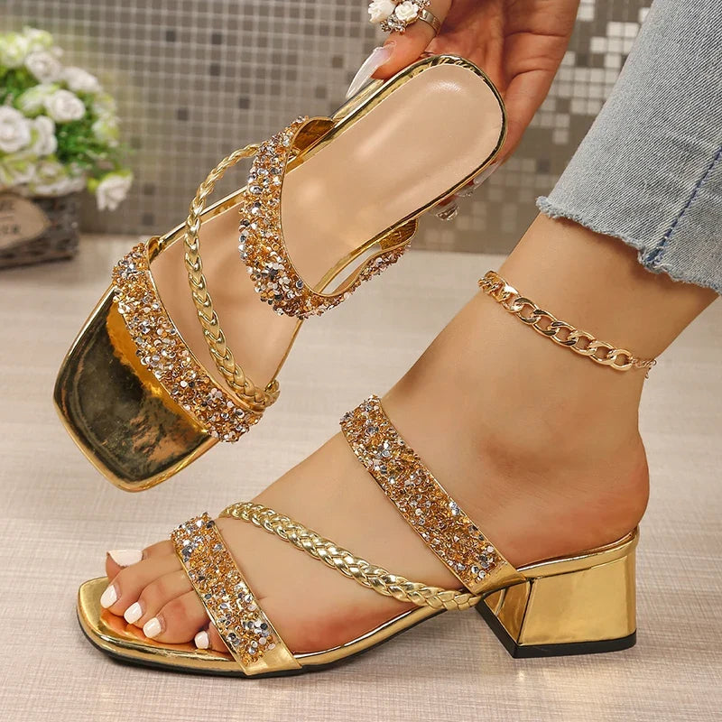 Luxury Gold Thick Heeled Sandals Women Summer Plus Size Square Toe Crystal Sandles Woman Fashion Slip On High Heel Party Shoes
