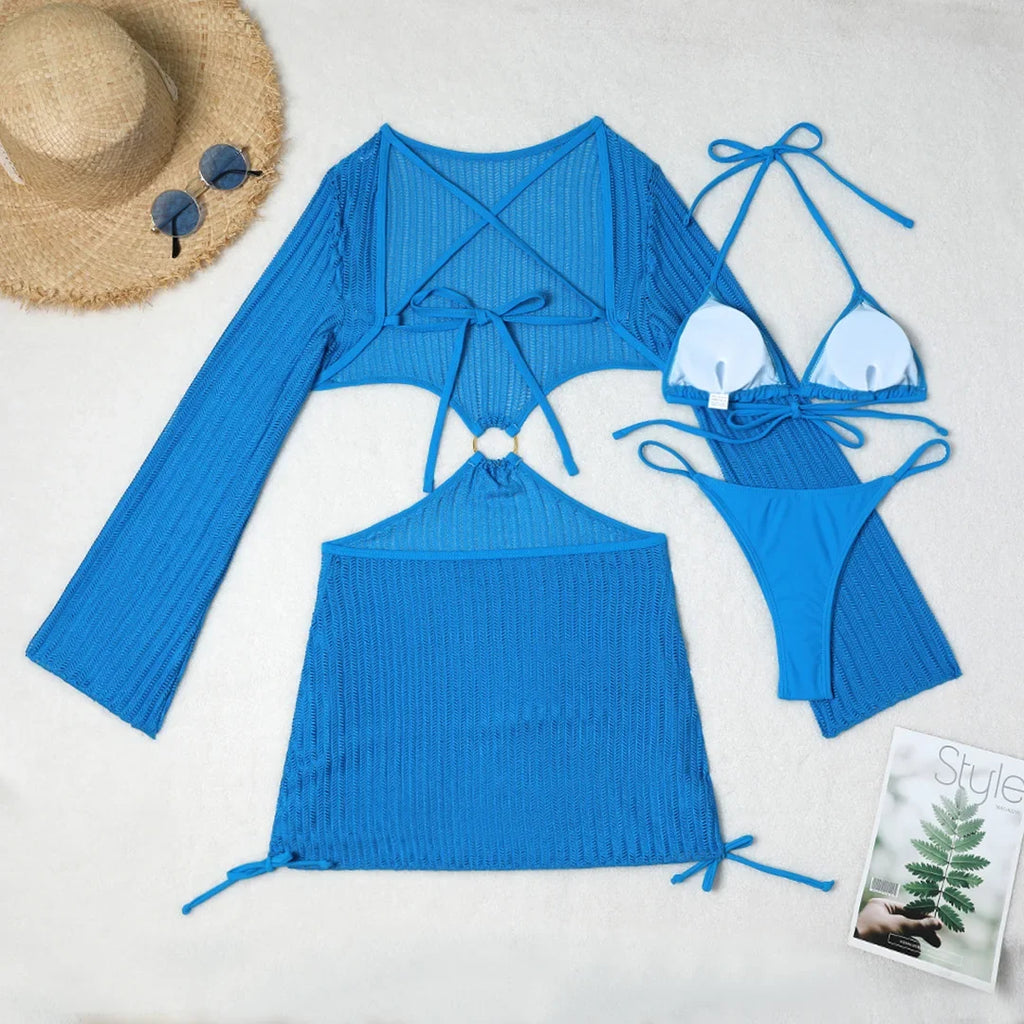 With Long Sleeve Cover Up Halter Bikini Women Swimwear Female Swimsuit Three-pieces Bikini set Bather Bathing Suit Swim V5123