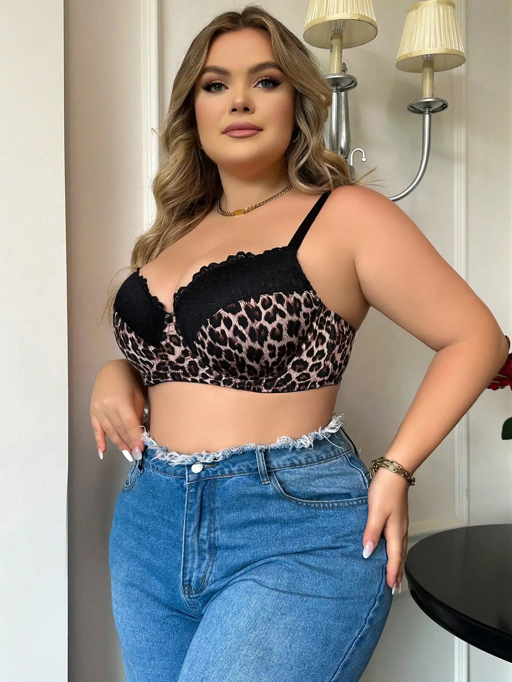 Leopard Print Sexy Lace Stitching Underwear For Ladies D Cup Plus Size Women's Clothing Suitable For Buxom Women Bra B2414