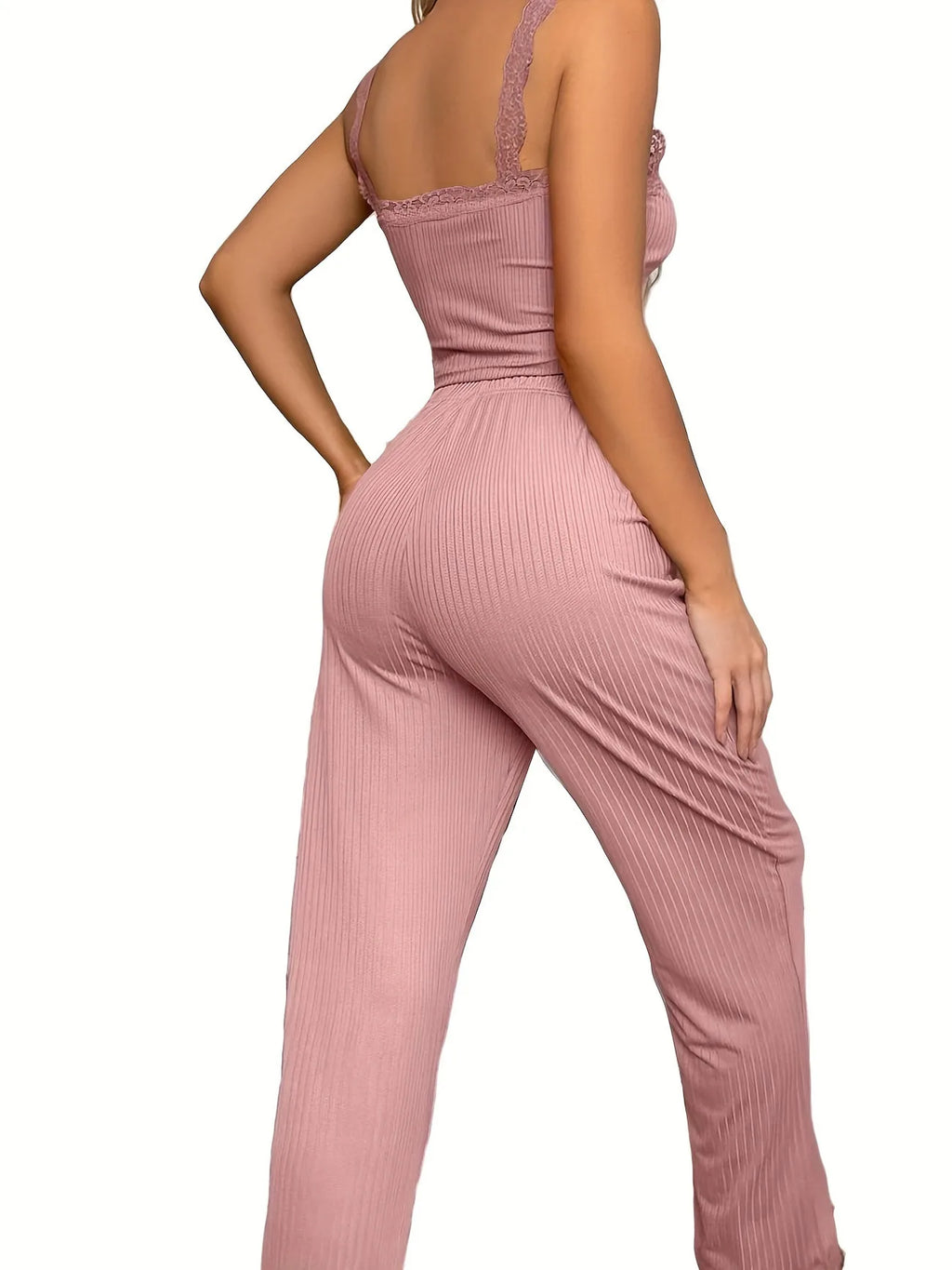 Women’s Summer Lace Trim Pajama Set, Ribbed Cami Top and Long Pants, Soft Casual Loungewear Sleepwear for Ladies