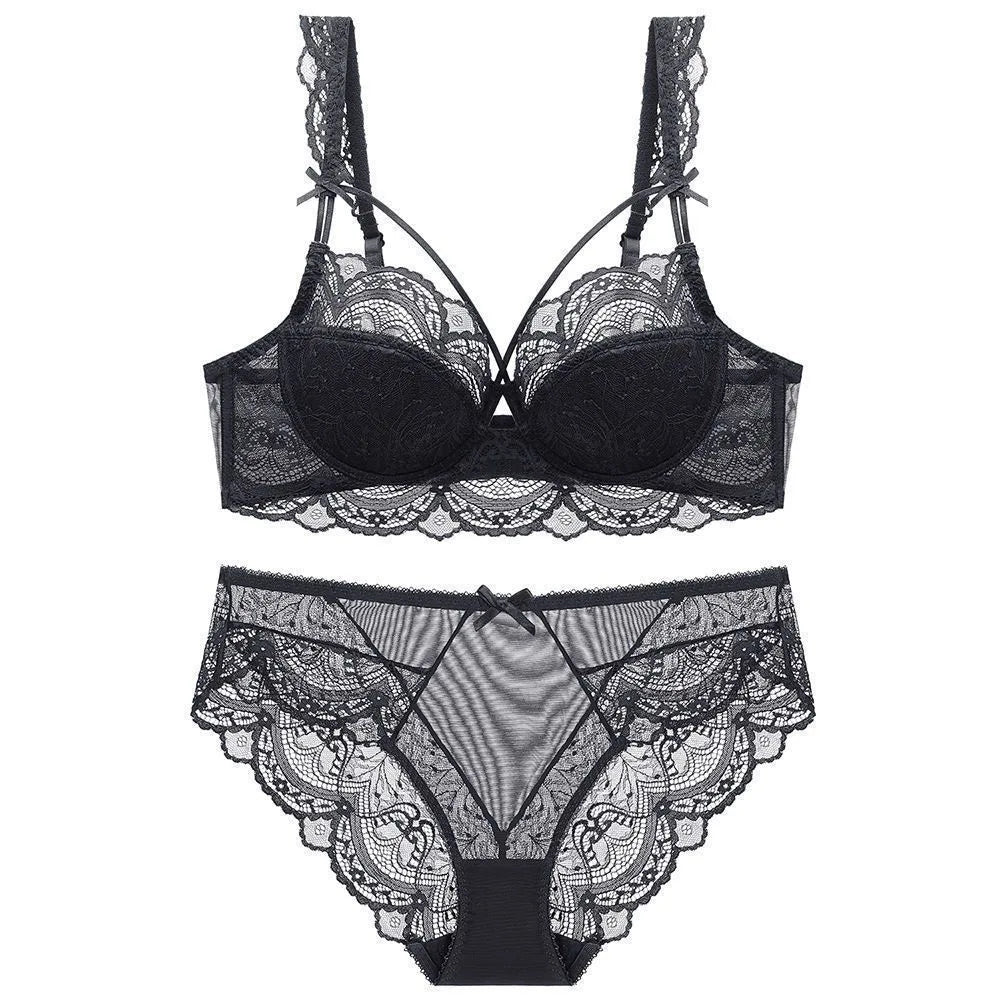 MOYISU Minimizer Bra French Lace for Large Bust, Anti Sagging Full Coverage Push Up Underwire Set, Sensuous Women Sexy Bra & Set