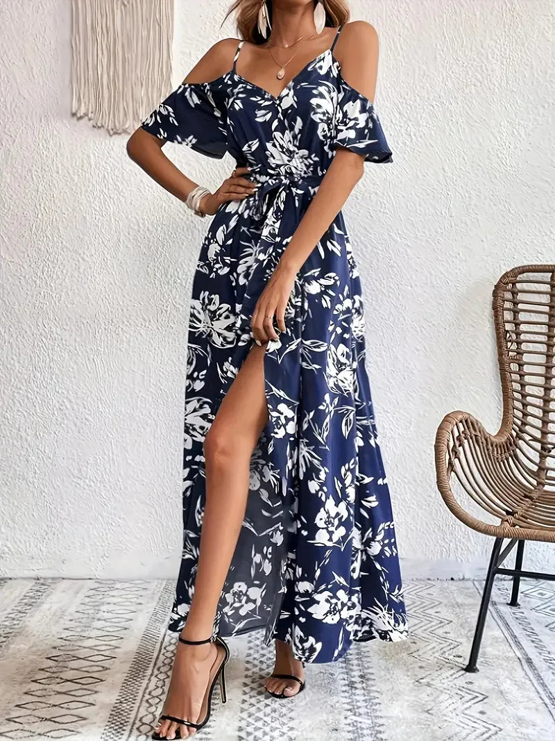 New Summer Women Print Dress 2025 Fashion Elegant  Vacation Party Short Sleeve Slim V-neck Slit Long Dresses Vestidos Para Mujer