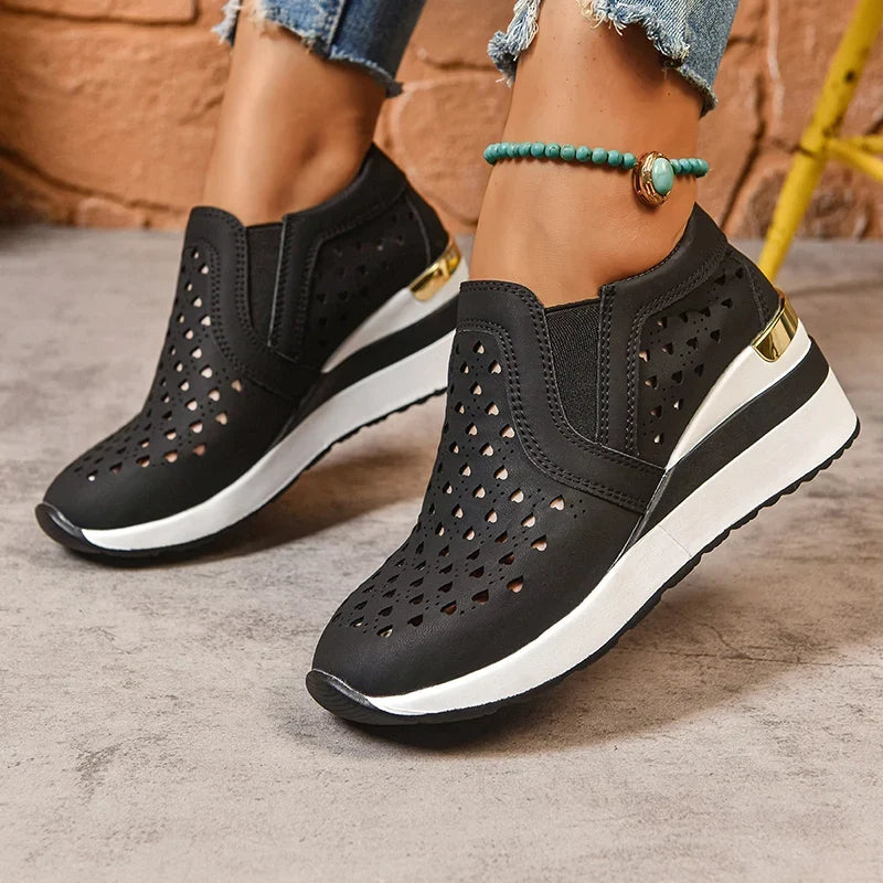 2025 New Hollow Out Wedges Sneakers Women Plus Size Pu Leather Thick Sole Loafers Woman Slip On Breathable Casual Shoes Female