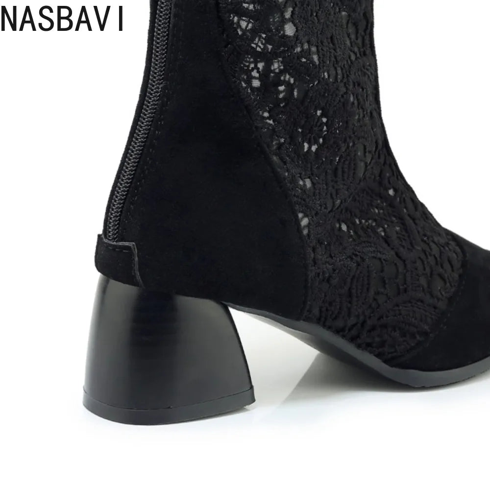Fashion Women Knee High Boots Square Heel Zipper Sexy Lace Mesh Boots Spring Cool Boots Breathable Women's Shoes Botas De Mujer