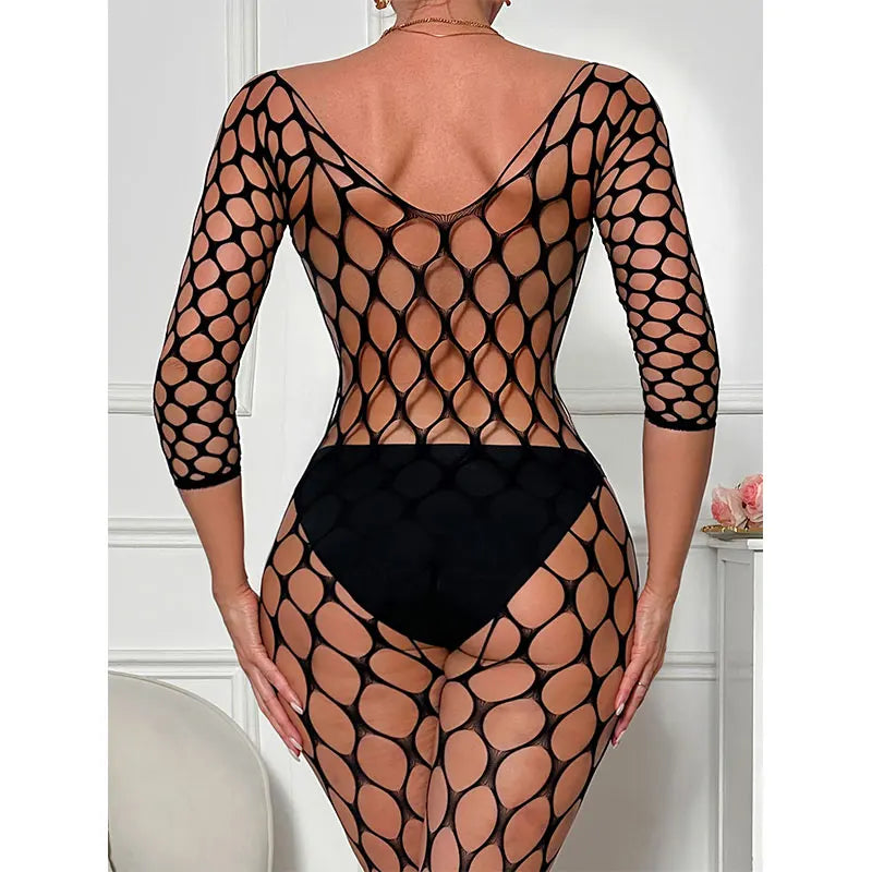 Cutout Perspective Long Sleeve Big Mesh Bodysuit, Women Black Sexy Underwear Bold Sexy Clothing Crotchless Unobstructed Jumpsuit