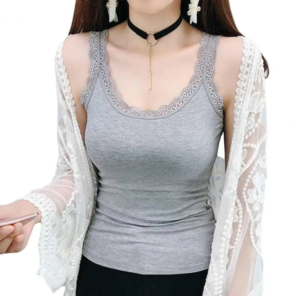 Women Summer Vest U-Neck Sleeveless Slim Fit Tank Tops Thin Vest Solid Color Lace Trimmed Camisole Streetwear