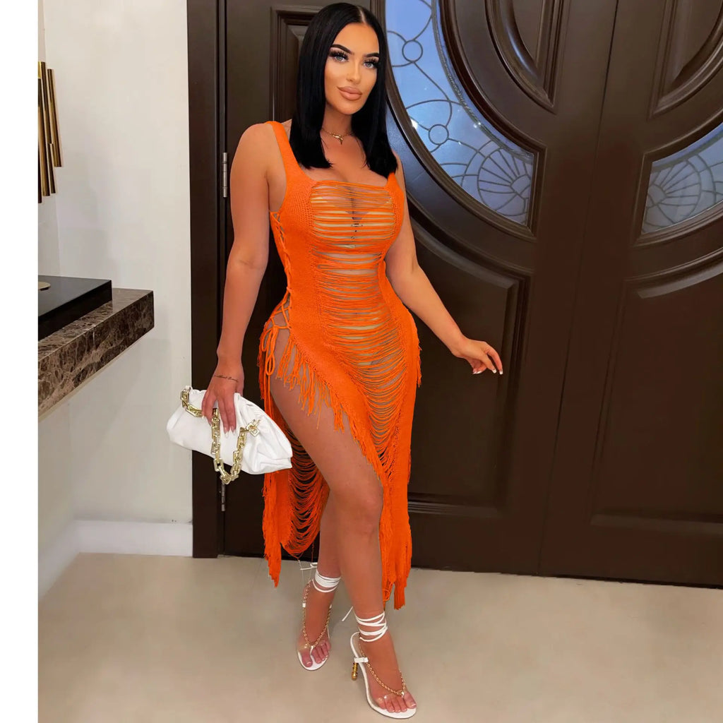 DEKA Women Knitted Tassel Beach Bikini Cover Up Backless Crochet Long Beach Dress Swimwear Side Split Hollow Out Sundress