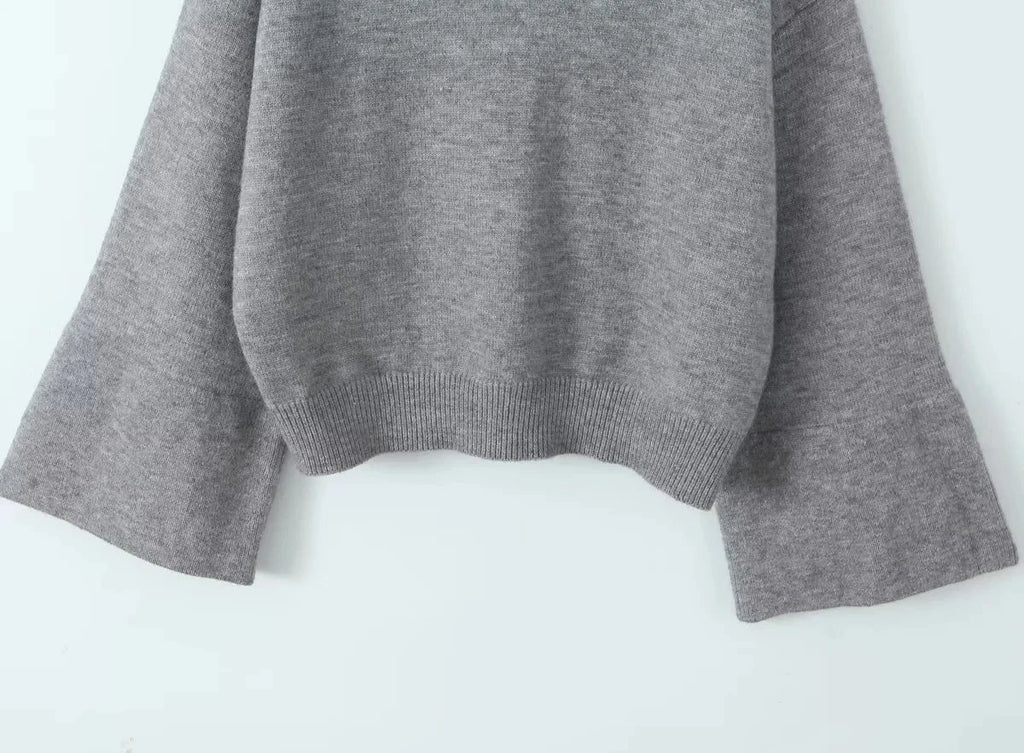 Foridol Grey Flare Sleeve Turn Down Collar Warm Winter Sweater Women Pullover Knitted Jumper Autumn Casual Sweater Loose