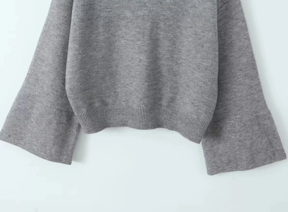 Foridol Grey Flare Sleeve Turn Down Collar Warm Winter Sweater Women Pullover Knitted Jumper Autumn Casual Sweater Loose