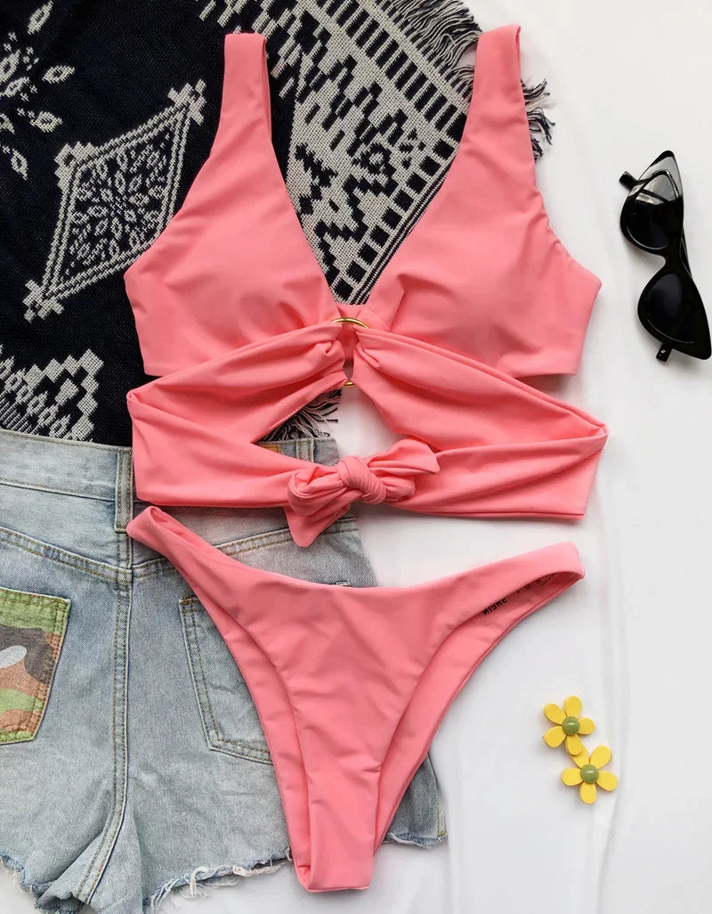 Sexy Adjustable Rings Cross Bandage Bikini Female Swimsuit Women Swimwear Two-pieces Bikini set Bather Bathing Suit Swim Lady