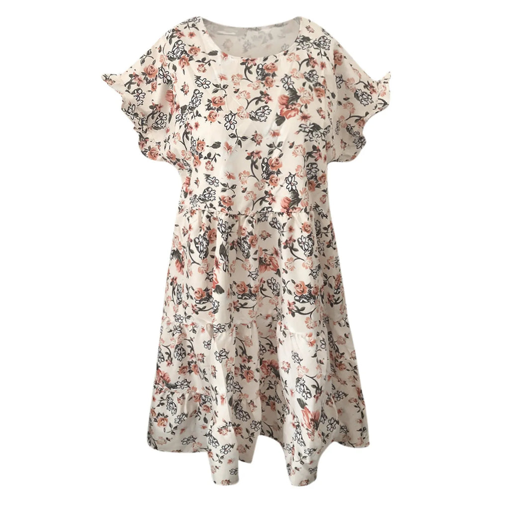 Summer Lady Ruffle Mini A Line Dress Women Casual Floral Print Dresses O Neck Elegant Short Sleeve Midi Dress Vacation Vestidos