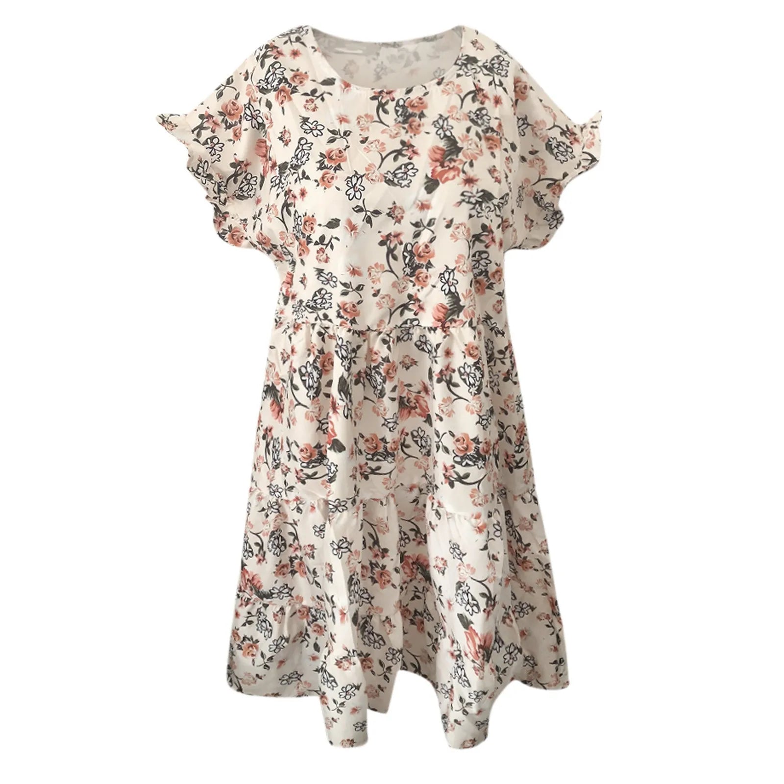 Summer Lady Ruffle Mini A Line Dress Women Casual Floral Print Dresses O Neck Elegant Short Sleeve Midi Dress Vacation Vestidos