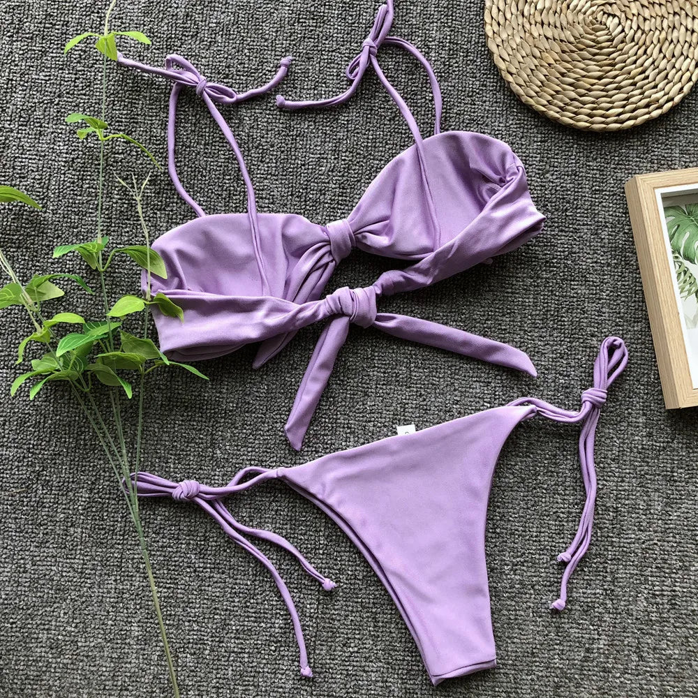 2026 Sexy Bikini Women Knotted Purple Swimwear Swimsuit Bowknot Bikinis Set Bathing Suit Banadores Mujer Maillot De Bain Femme