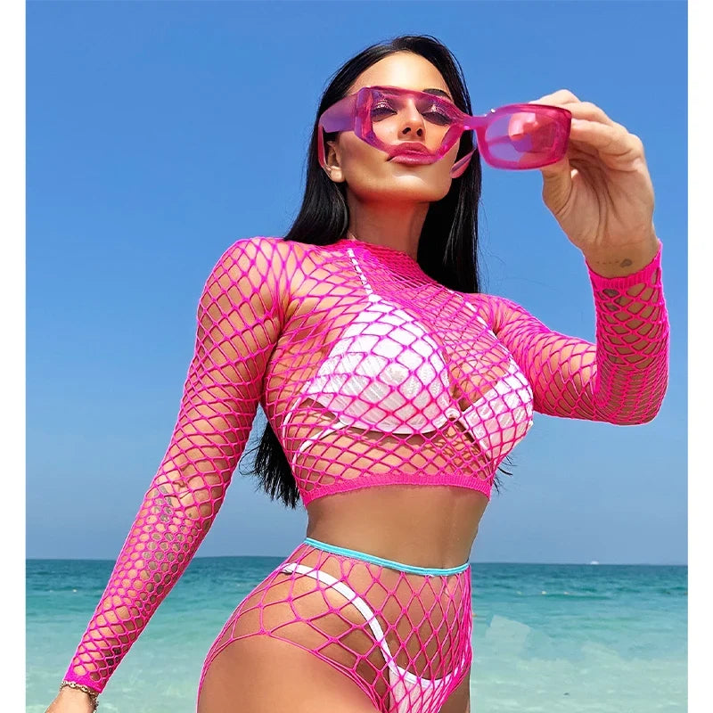 1 Set Women Long Sleeve See-Through Fishnet Cover Up Hollow Out Tassel Bodycon Beachwear Dress